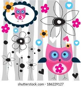 owl with flowers vector illustration