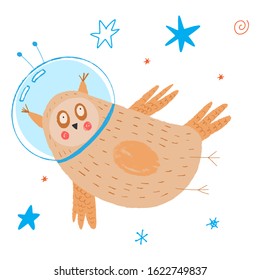 Owl fly in open space. Print for kids. Animals in sky. Cute smiling bird.  Cosmos background. Funny cartoon children illustration. Vector clipart.