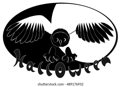 Owl are flying against the moon. Black and white