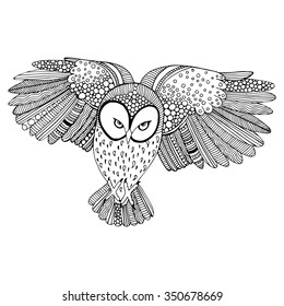owl flying black and white drawing vectorized 
