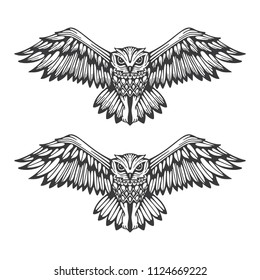 Owl. Flying Owl Hand Drawn Vector Illustration.
Owl Stylized Logo And Symbol.