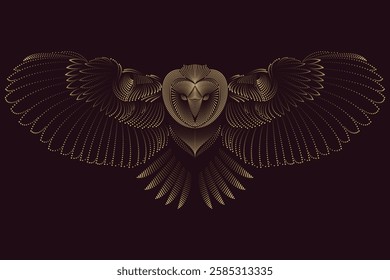 Owl flying illustration, Long-eared Owl. Color, graphic portrait of an owl on a black background. Digital vector drawing, Abstract owl linear design logo. luxury mascot vector template, T-shirt.