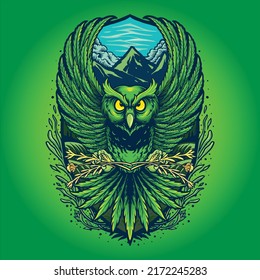 Owl flying with mountain forest vector illustrations for your work logo, merchandise t-shirt, stickers and label designs, poster, greeting cards advertising business company or brands