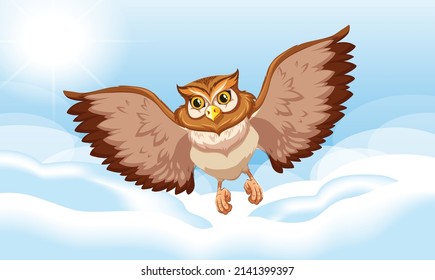 Owl flying on sky background illustration