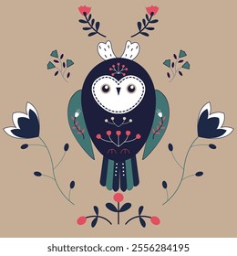 Owl in folk style with elements of flowers and leaves. Nordic ornaments. Vector illustration. Design for various things