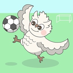 Owl Football Player With Outstretched Wings Kicks The Ball High. Cartoon Vector Illustration Of Sport.