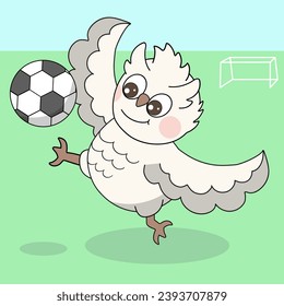 Owl football player with outstretched wings kicks the ball high. Cartoon vector illustration of sport.