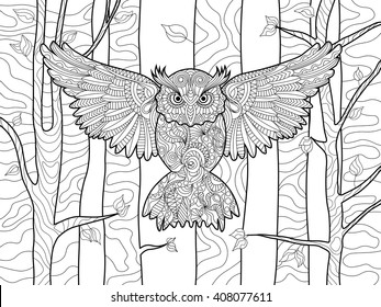Owl in the forest bird coloring book for adults vector illustration. Anti-stress coloring for adult. Zentangle style. Black and white lines. Lace pattern