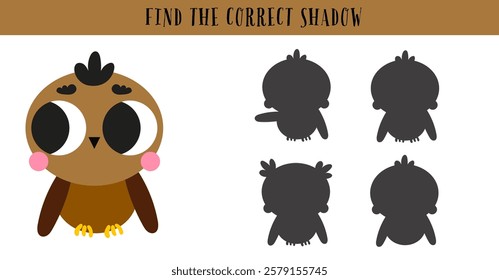 Owl forest cute correct match shadow puzzle game education printable page. nursery childish activity playful minimalist animal.