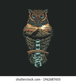 Owl forest, hand drawn line style with digital color, vector illustration