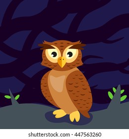 owl in the forest at night, sitting on the ground, amid the shadows of the trees