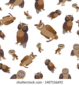 Owl forest Seamless Pattern. Woodland animals. Vector childish illustration. Cartoon characters in flat style. The design concept for children. Wrapping, notebooks, labels, accessories-school.