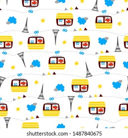 owl and fox cartoon patterns on the cable car, the monument, clouds, and the sun as ornaments, small triangles and regular curved horizontal dashes are repeated as background