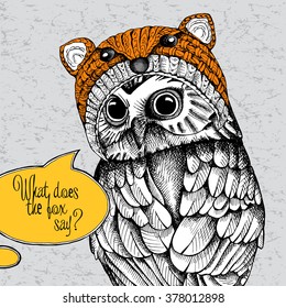 Owl in a fox muzzle hat. Vector illustration.