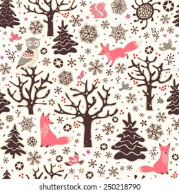 Owl, foxes, squirrel, birds, trees and snowflakes. Winter forest background. Seamless pattern.