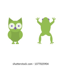 Owl and frog vector flat icons, animals vector illustration