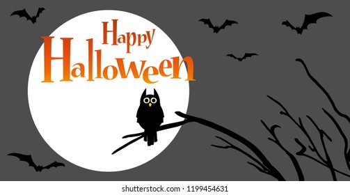 owl in front of full moon with scary illustrated elements for Halloween background layouts