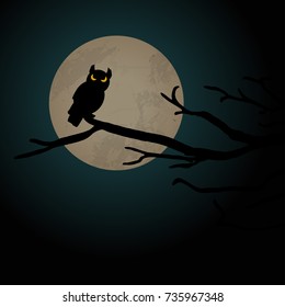 owl in front of full moon with scary illustrated elements for Halloween background layouts