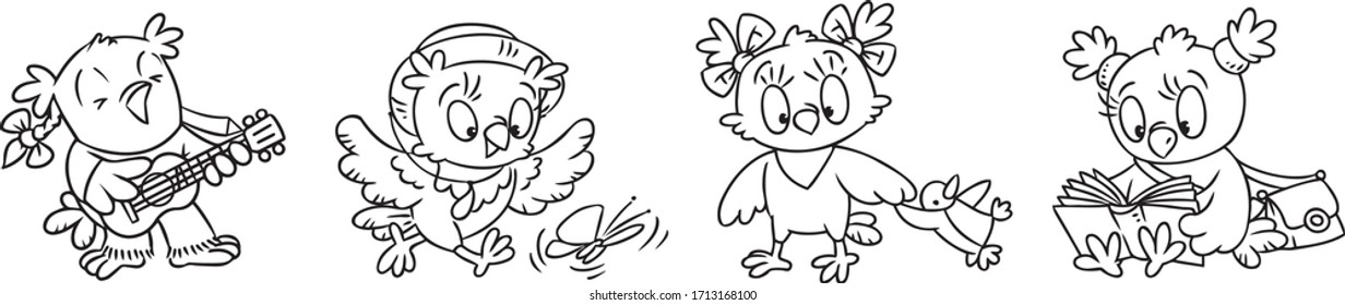 Owl. Funny little bird coloring book set