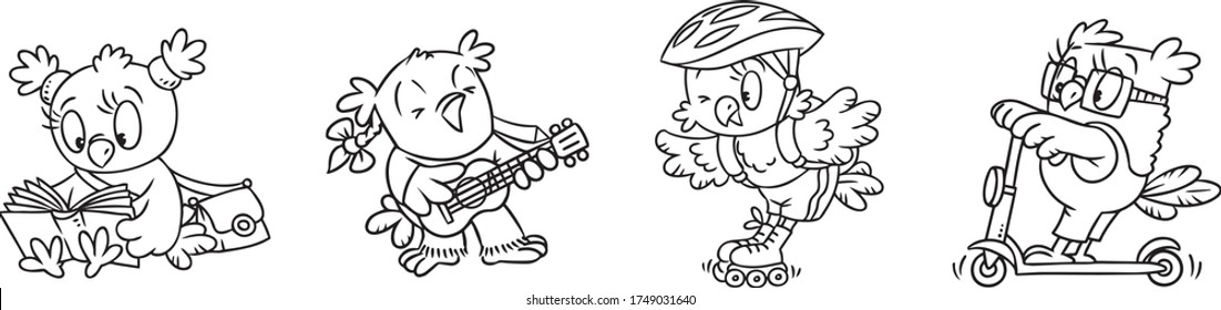 Owl. Funny little bird coloring book set