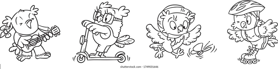 Owl. Funny little bird coloring book set