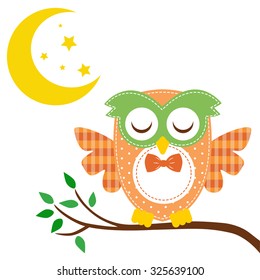owl funny sleep on a branch and moon