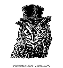 Owl gentlemen dressed hat cylinder. Vintage black engraving illustration for poster. Isolated on white background