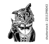 Owl gentlemen dressed in suit, tie and holding glass with cocktail. Vintage black engraving illustration. Isolated on white background. Hand drawn design element for poster