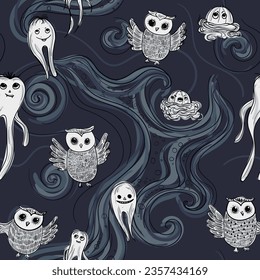 Owl and ghost. Monster Mash, mysterious and spooky pattern, a monster menagerie for Halloween. Design for home decor, adorable apparel and creepy craft projects. Vector seamless pattern