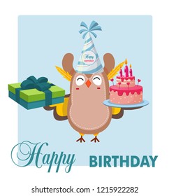 owl with a gift and cake