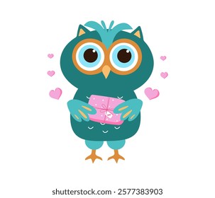 Owl with a gift, hearts. Cute bright cartoon owl. Design of a postcard, invitation for Valentine's Day, birthday, wedding.