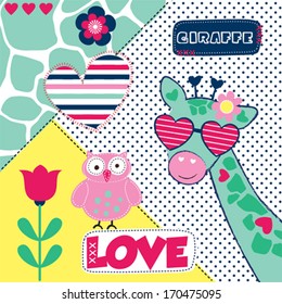 owl and giraffe invitation card vector illustration