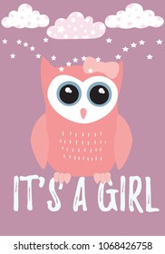 Owl It's a girl card in pink with black,white and blue colors palette vector illustration template on a soft pastel purple background with clouds and stars