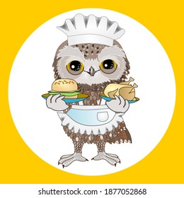 owl girl waiter dressed in white apron and bonnet carries a dish of chicken and hamburger, emoticon in white circle on yellow isolated background 