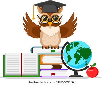 An owl in glasses and an academic cap sits on a stack of books with a holobus and an apple