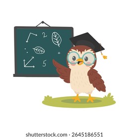 Owl with glasses and blackboard. Vector illustration in cartoon style