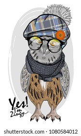 Owl with glasses, knitted hat and scarf. Vector hand drawn illustration of dressed bird. 