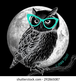 Owl with glasses and moon at night. Vector illustration.