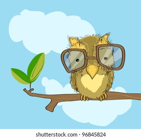 owl with glasses on branch, free hand drawing style, original design