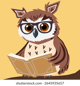 An owl with glasses reads a book. Wise animal character studying literature. Education and learning concept for autumn season