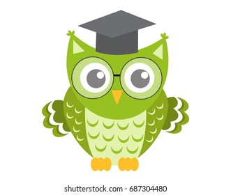 Owl in glasses with square academic cap icon, flat, cartoon style. Isolated on white background. Vector illustration