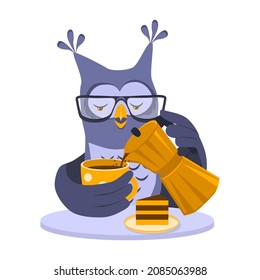 Owl with glasses at the table pours coffee into a mug. There is a plate with a piece of cake on the table. Cartoon vector illustration, design for stickers and postcard. Isolated on white background