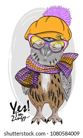 Owl with glasses, yellow hat and  knitted scarf. Vector hand drawn illustration of dressed bird. 