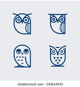 Owl glyphs icons collection. Set of elements and emblems design elements for schools, educational signs. Unique illustration for design.