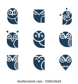 Owl glyphs icons collection. Set of elements and emblems design elements for schools, educational signs. Unique illustration for design.