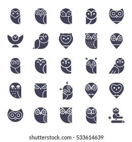 Owl glyphs icons collection. Set of elements and emblems design elements for schools, educational signs. Unique illustration for design.