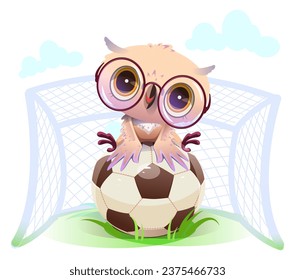 Owl goalkeeper sit on soccer ball vector cartoon illustration. Isolated on white