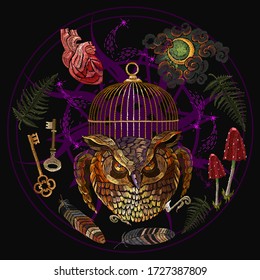 Owl, golden cage, vintage key, moon, mushrooms and anatomical heart. Dark gothic template. Alchemy style. Occult and esoteric concept. Black magic illustration. Tarot card art 