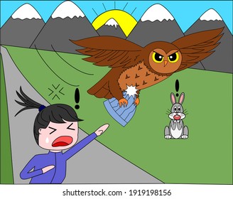 Owl grabbing a female runner's hat while a rabbits watches in shock. Mountains in the background with sun setting behind them.