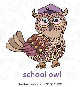 Owl in Graduate Hat. Back to School. Seamless vector pattern.